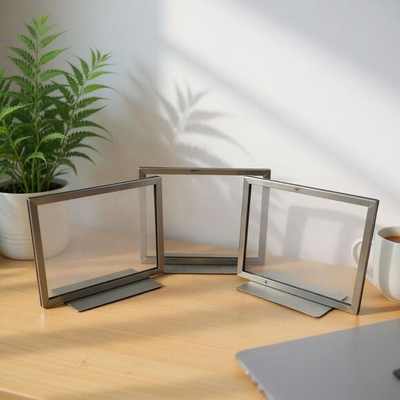 Vintage Brushed Silver Metal Rectangle Tabletop Display Signs Frames Set of 3 - Picture 1 of 16